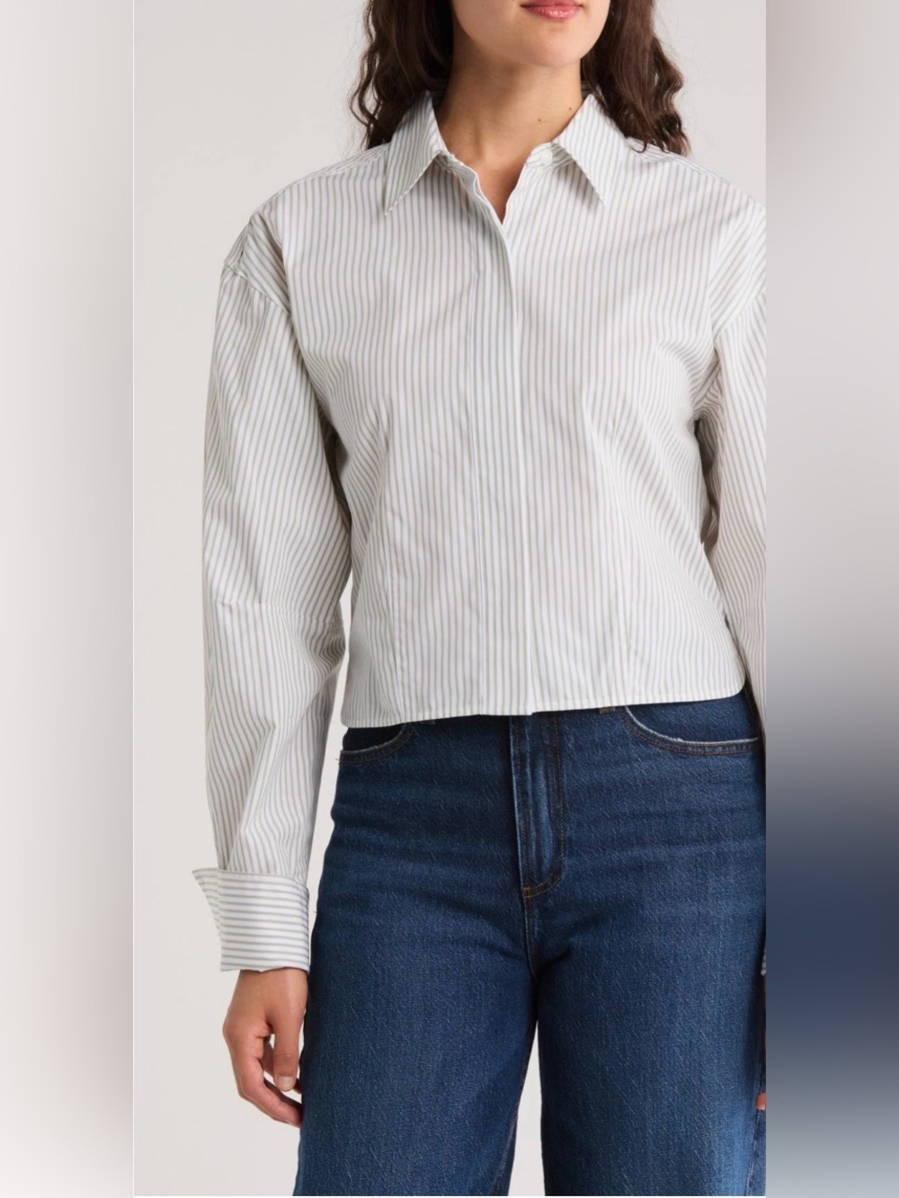 Rag & Bone Becca Stripe Crop Poplin Shirt Moss Cotton Button Up